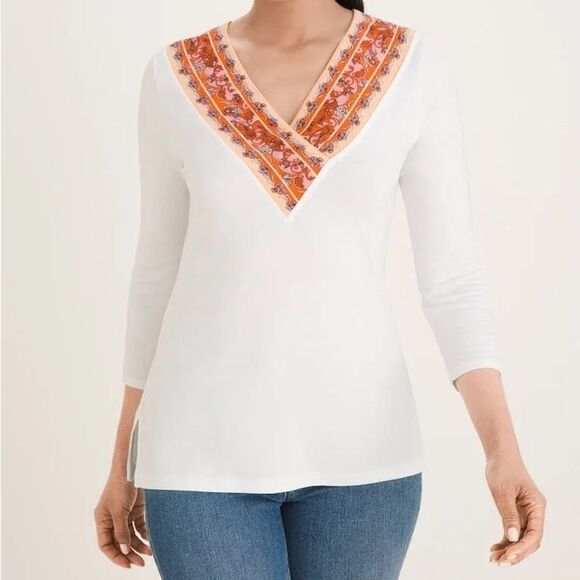 Chico’s Touch of Cool Scarf Tee Orange White Floral Size Large - Picture 1 of 5